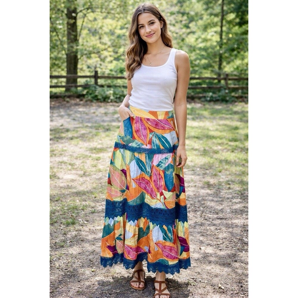 Women's Boho Maxi Skirt Tiered Lace Trim Colorful Botanical‎ Artsy Whimsical XL - Picture 2 of 9